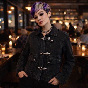 VTG Polo Jeans Ralph Lauren Fireman's Clasp Denim Jean Jacket Women Large Black